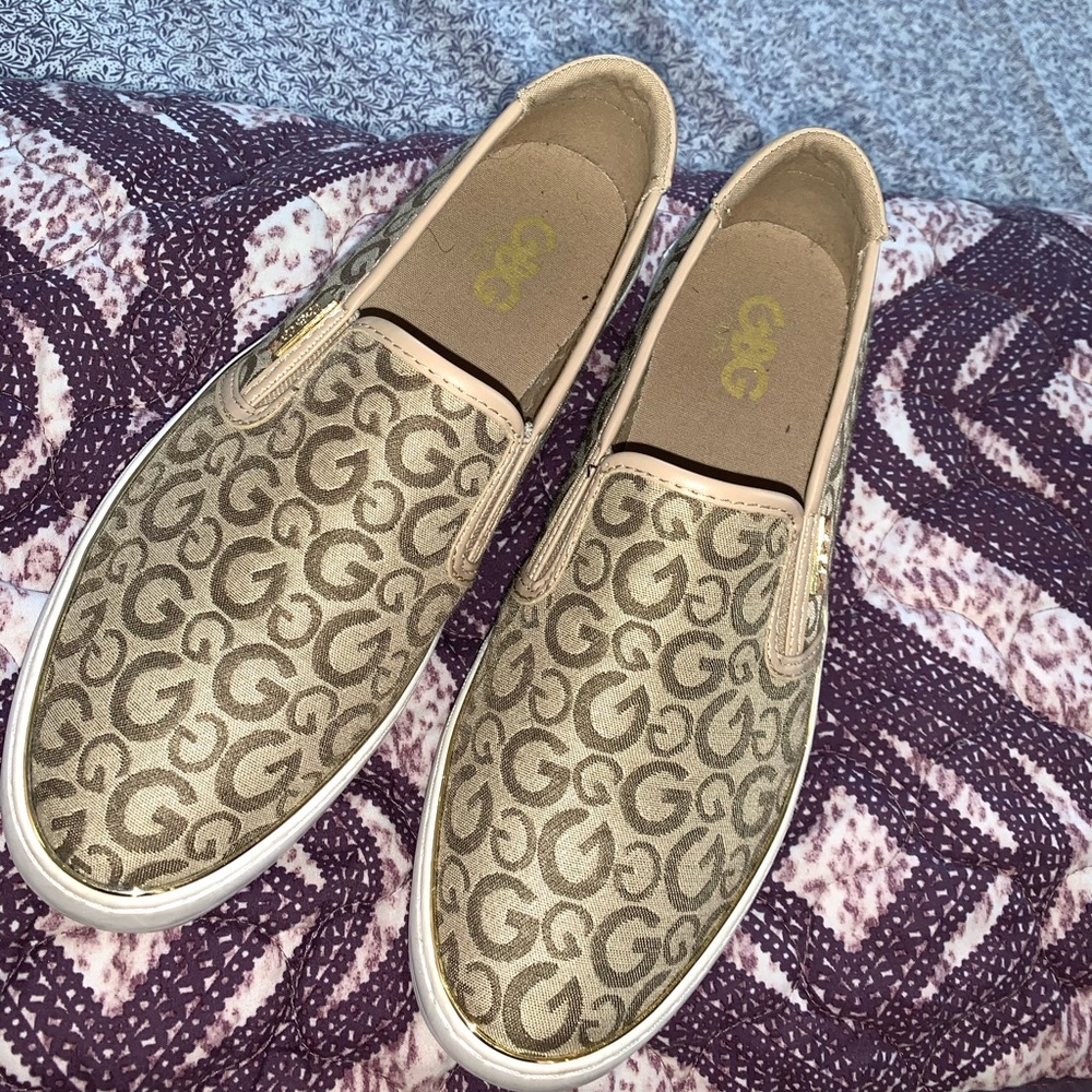 Guess Logo Tan Slide On Shoes